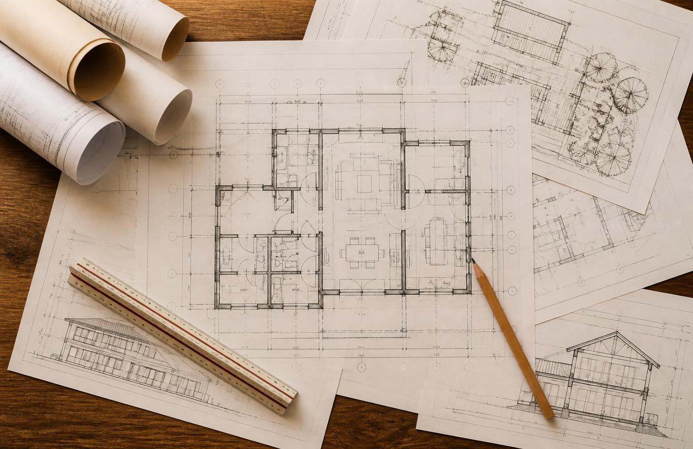 Architectural plans and a scale ruler on a wooden table