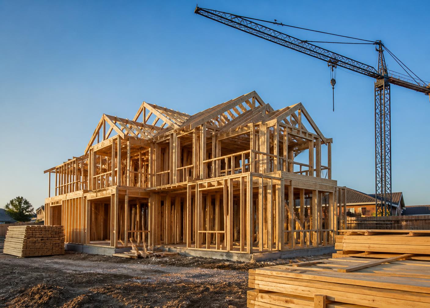 New residential construction framing at sunrise