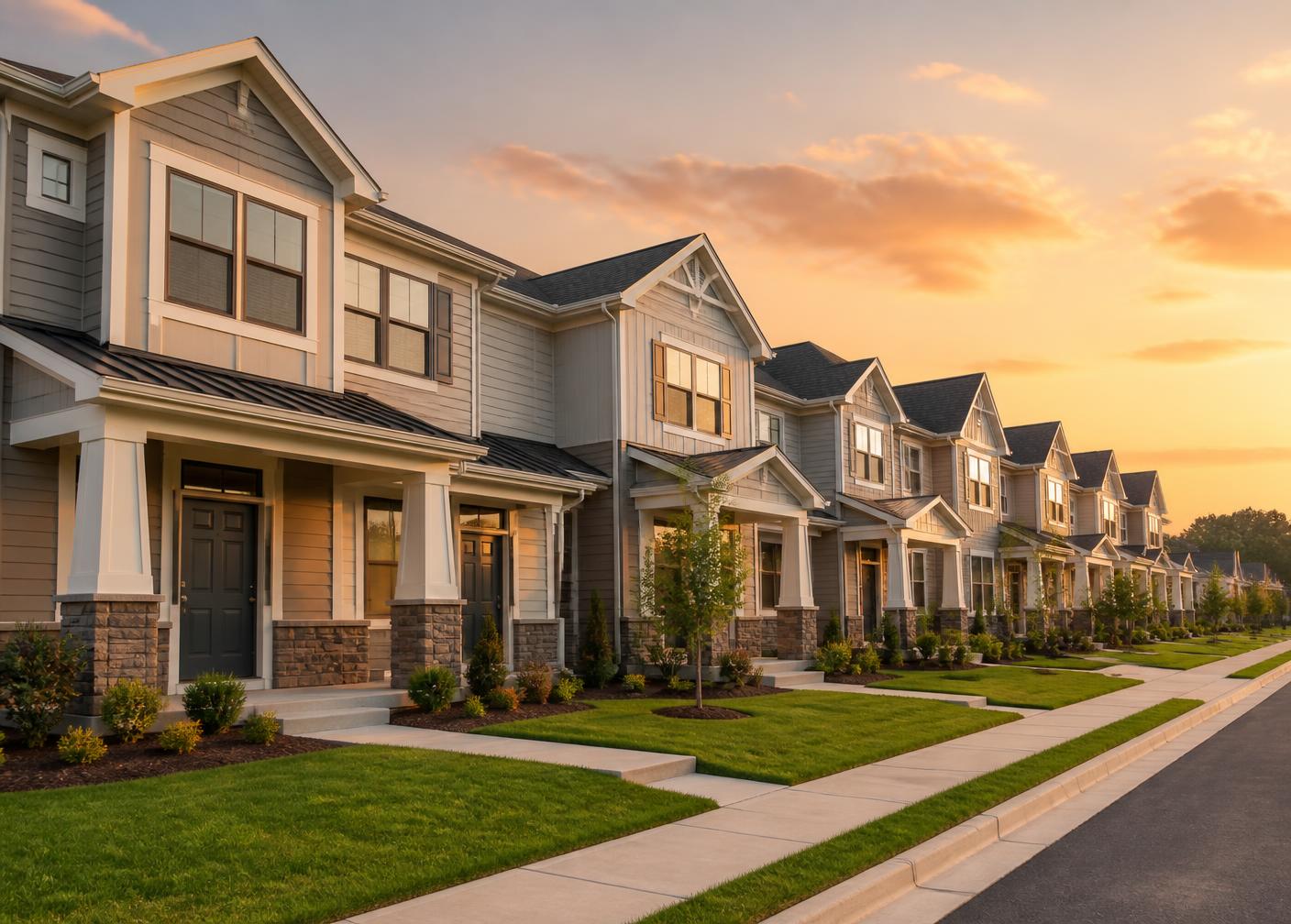Row of rental townhomes on a quiet street at golden hour