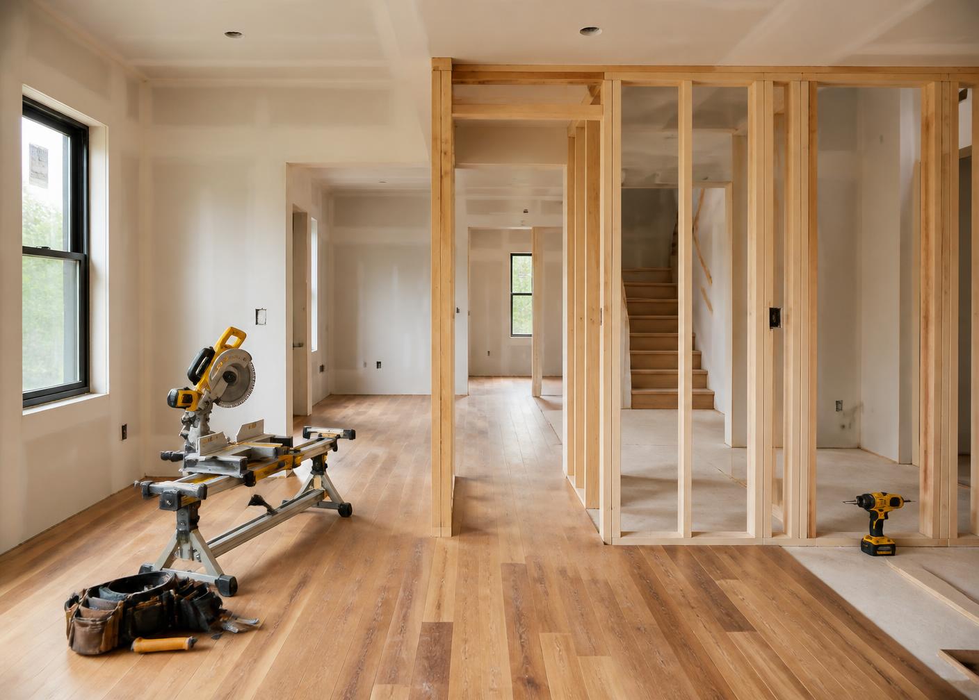 Residential property mid-renovation with new framing and flooring